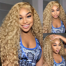 Honey Blonde Human Hair Deep Wave 13x6 HD Pre Plucked Curly Lace Front Wig
