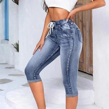 2024 High Waist Jeans Women Leggings Vintage Elastic High Waist Drawstring Pockets Denim Pants Calf Length Jeans Slim Fit Capris