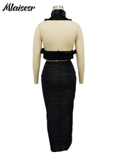 Mlaiscsr Elegant Pleated Ruffle Black Dress Set for Women Sexy Crop Top and Split Skirts Two 2 Piece Matching Club Prom Outfits