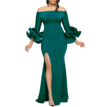 Elegant Sexy Side Slit Long Dress For Women Independent Stand Trade Clothing One-character Collar Leaf Sleeves Evening Dress