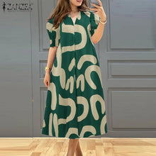 ZANZEA Women's A-line Midi Dresses Street Fashion All-Over Print Short Puff Sleeve V-Neck Robes Femme 2025 Summer Loose Vestidos