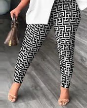 Elegant Women Two Piece Set Suits New Fashion Printed Ruffle Sleeve Top Solid Color Pants Set With Belt Blouses Female Clothing