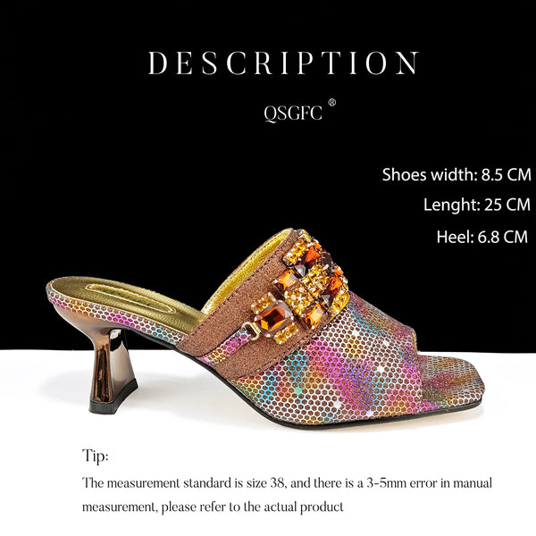 QSGFC Italian Fashion Square toe Women Strange Heels Bigger size Fashion Rhinestone Decoration Brown Shoes And Bag set Party bag