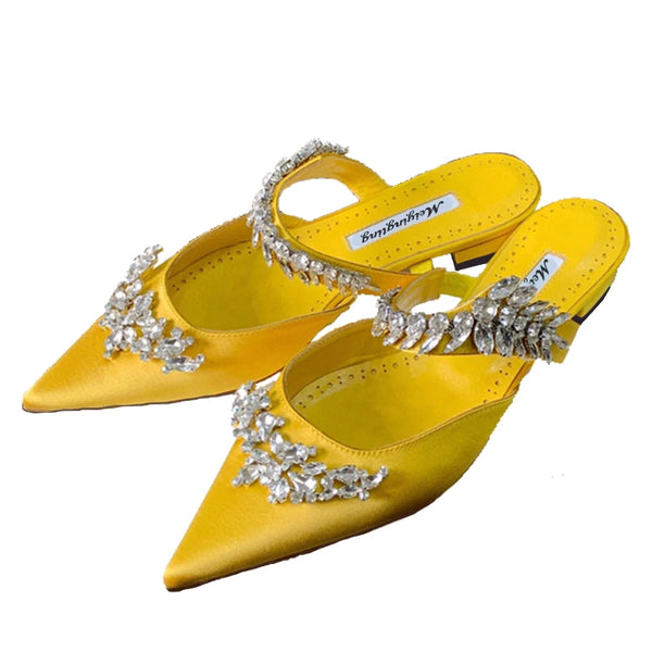 Women's High HeelsTemperament Baotou Silk Wheat Ear Rhinestones Muller Semi-Trailer Pump Pointed Stiletto Sandals