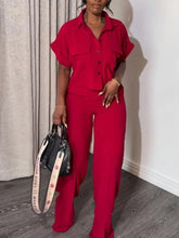 Casual Women's Solid Two Piece Sets Spring Summer Turn-down Neck Short Sleeve Loose Top & Wide Leg Pants Set Streetwear Outfits