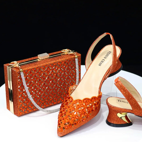 Women's Hollowed Out Embroidery Rhinestone Italian Design Shoes and Bags Set