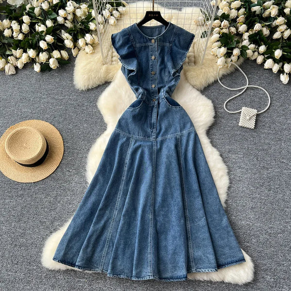 WTHT Fashion Women's Ruffled Edge Sleeveless Denim Long Dress 2024 Autumn O-neck Single Breasted Pleated Dresses Female 1LS125