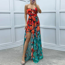 Women Sexy Strapless Ruffle Irregular Maxi Dress Spring Print Mesh Pleated Long Dress Summer Off Shoulder Backless Party Dresses