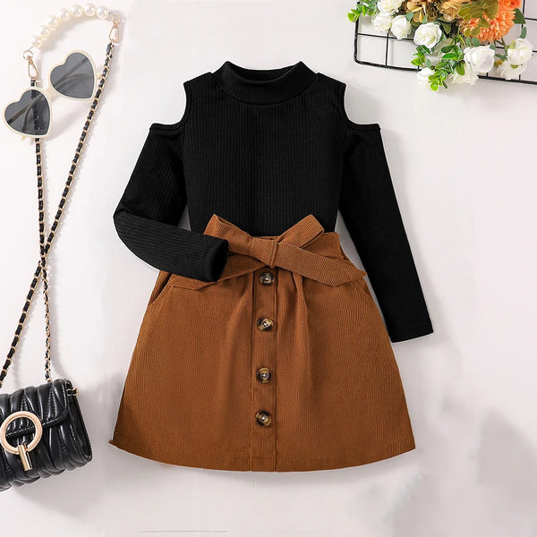 Children's Clothing Girls' Autumn New Fashion Set - Solid Color T-shirt Off Shoulder Half High Collar Top+Solid Color Half Skirt