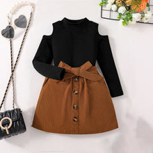 Children's Clothing Girls' Autumn New Fashion Set - Solid Color T-shirt Off Shoulder Half High Collar Top+Solid Color Half Skirt