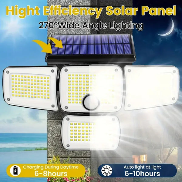 Solar Lights Outdoor 346 LED Solar Wall Lamp with Motion Sensor 3 Modes Waterproof 4 Heads Security Floodlight for Yard Garage