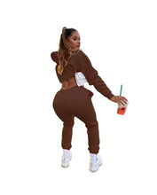 Women's Fitness Running Sets Fleece Long Sleeve Cropped Hoodies+Jogger Tracksuit