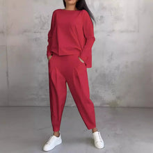 Women Two Piece Pant Sets Solid Full Sleeved Tops Round Neck Casual Midi Waist Long Pants Pockets Regular Elegant Lady