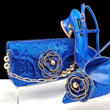 QSGFC Shiny Gold Color Shoes and Bag Elegant Handbags and Medium Heel Shoes Beautiful Handmade Flowers For Wedding Party
