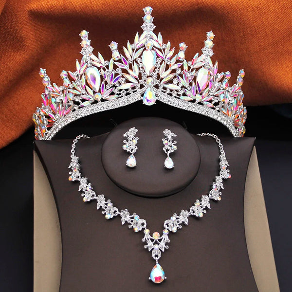 3 Pcs Princess Wedding Crown Jewelry Sets and Tiaras Green Pink Bride Necklace Earrings Set Girls Prom Birthday Accessory