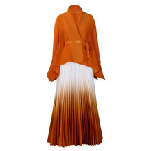 CM.YAYA Gradient Women's Set Full Sleeve Belt Blouse Shirt and Pleated Long Skirts Suit Street Two 2 Piece Set Outfit Tracksuit