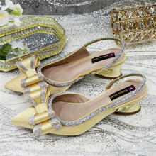 Med Heel Shoes for Women Hollowed Out Embroidery Rhinestone Italian Design Olive-green Color Pointed-Toe Shoes and Bags Set
