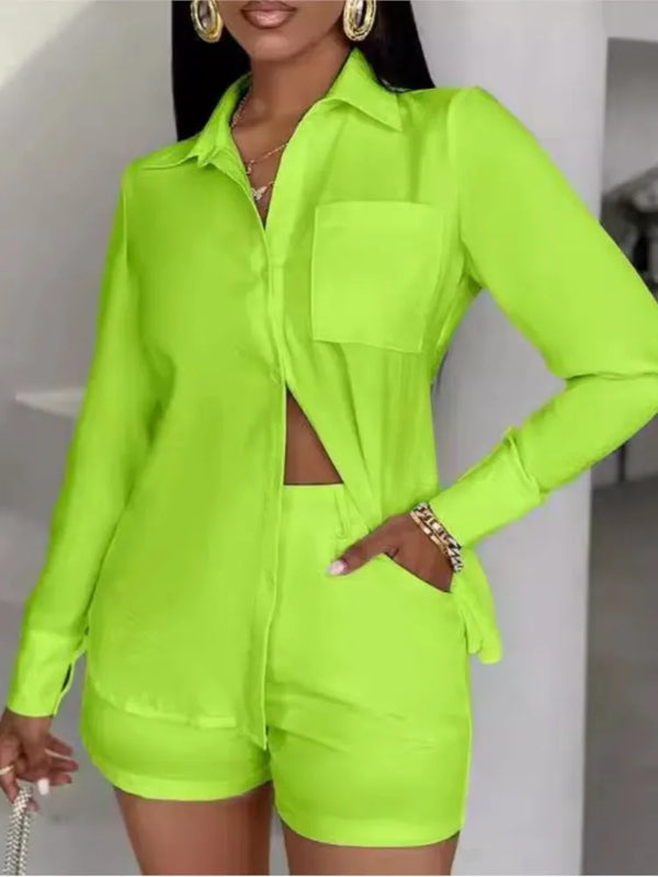 Female Fashion Short Pants Sets Shirt Tops Turn Down Collar Long Sleeve High Waist Pants 2 Piece Outfits For Women Summer New