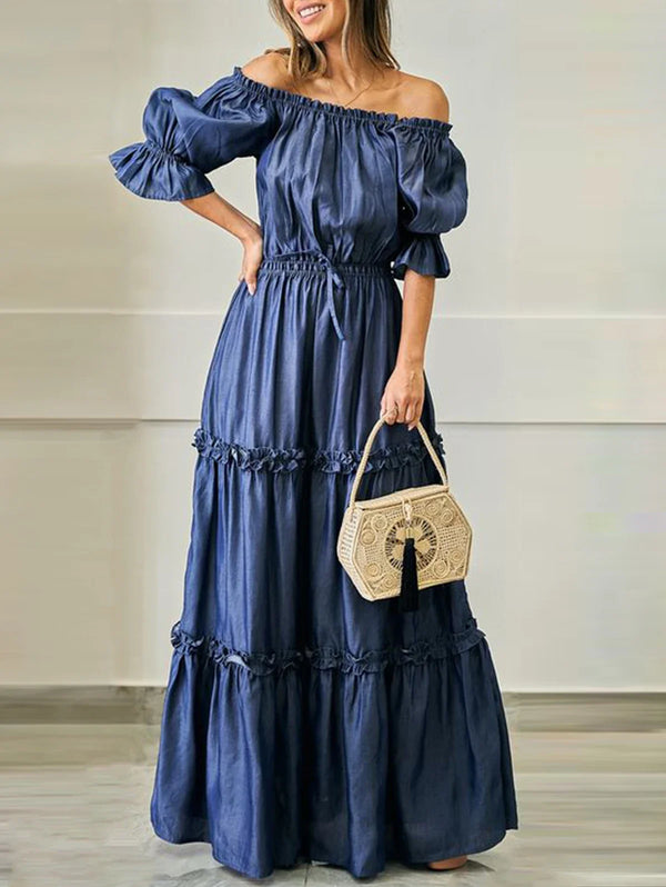 Women's Plus Size Off-Shoulder Dress Ruffle Sleeve Stretchy Elegant Vintage Casual Sweet Summer Long A-Line Pleated Gown