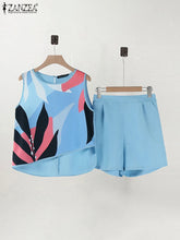 ZANZEA Casual Women 2-Pieces Sets Vacation Loose Floral Print Asymmetrical Hem Top Solid Shorts 2pcs Outfits 2025 Summer Suits