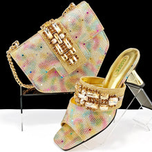QSGFC Italian Fashion Square toe Women Strange Heels Bigger size Fashion Rhinestone Decoration Brown Shoes And Bag set Party bag
