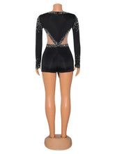 Women Sexy Rompers V-Neck Mesh Rhinestone Skinny Long Sleeve Playsuits