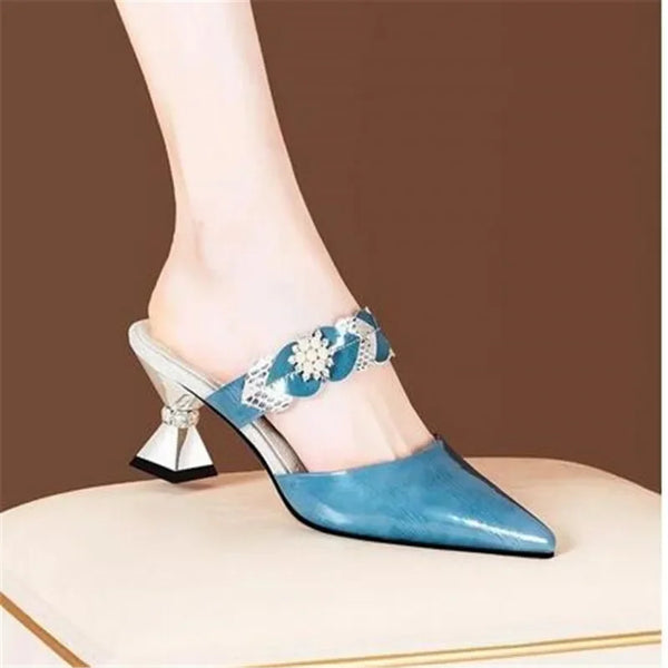 Pointed Designer Slides Fashion Rhinestones Non-Slip Women Slippers Elegant High Heel Outdoor Pearl Party Shoes