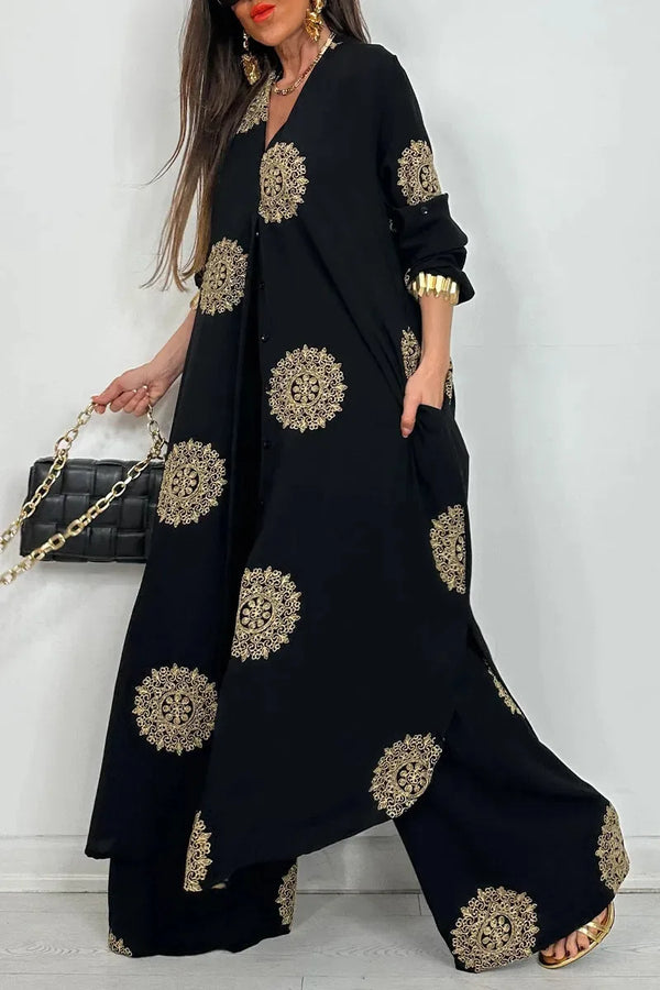 Women's Loose Long Vintage Printed Robe Set Spring Summer Casual Button Shirt Blouses Wide Legs Pants Oversized Two-piece Outfit