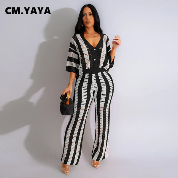 CM.YAYA Knit Ribbon Women's Set Short Sleeve Shirts and Wide Leg Pants 2024 Summer Beach Two 2 Piece Sets Outfits Tracksuit