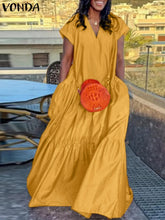 Plus Size VONDA Women Bohemian Dress 2025 Summer Sundress Solid Color Casual Short Sleeve Party Ruffled Vestidos V-Neck Robe
