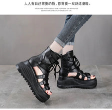 Koznoy 8cm Ethnic Cow Genuine Leather Ankle Booties Women Hollow Peep Toe Platform Wedge Breathable Zip Summer Fashion Shoes