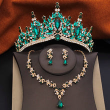 3 Pcs Princess Wedding Crown Jewelry Sets and Tiaras Green Pink Bride Necklace Earrings Set Girls Prom Birthday Accessory