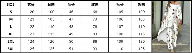 Women's Fashion Spring/Summer Casual Loose Irregular Printed Nine Sleeve Round Neck Shirt High Waist Wide Leg Pants 2-piece Set