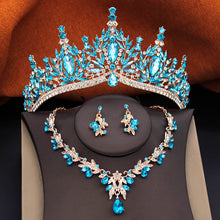 3 Pcs Princess Wedding Crown Jewelry Sets and Tiaras Green Pink Bride Necklace Earrings Set Girls Prom Birthday Accessory