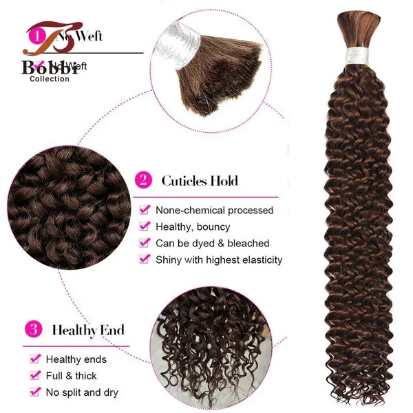 Brown 100% Human Hair Bulk for Braiding 16-24 inch Remy Hair Jerry Curly Boho Braids Hair Bulk Extension Bobbi Hair