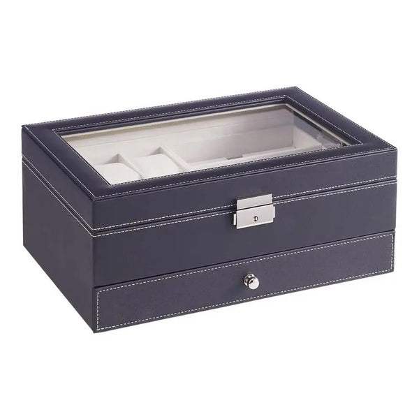 6 Watch Slots Luxury Black Leather Jewellery Box Multiple Compartments with Transparent Lid and Velvet Lining
