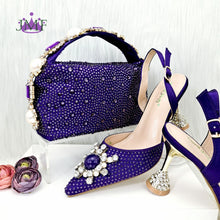 JMF New arrive Italian Design Blue Women's Fashion Rhinestone Pearl Point Toe Stiletto Heels Sandals Women's Shoes & Bag Set