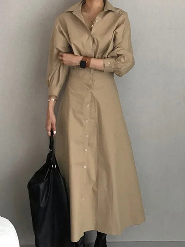 Modigirl Women Casual Long Shirts Dresses 2025 Summer Spring Clothes Khaki Puff Sleeves Botton Simple Maxi Dresses for Women