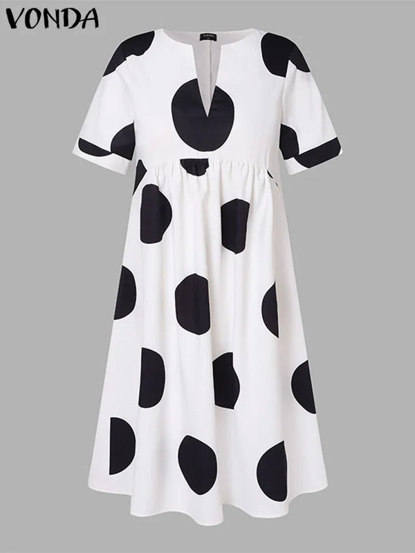 VONDA Plus Size 5XL Women Dress 2025 Summer Bohemian Polka Dot Maxi Long Dress V Neck Party Sundress Vestido Beach Robe Elegant