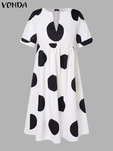 VONDA Plus Size 5XL Women Dress 2025 Summer Bohemian Polka Dot Maxi Long Dress V Neck Party Sundress Vestido Beach Robe Elegant