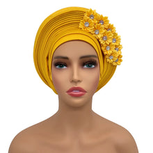 2024 New African Headtie Turban Nigeria Head Ties with Flowers Already Made Auto Gele Women Head Wraps for Wedding Party