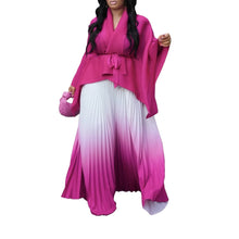 CM.YAYA Gradient Women's Set Full Sleeve Belt Blouse Shirt and Pleated Long Skirts Suit Street Two 2 Piece Set Outfit Tracksuit