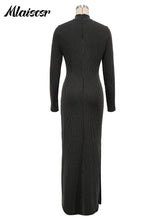 Mlaiscsr Knit Ribbed Elegant Evening Dresses Women Long Sleeve Side Split Slim Bodycon Sexy Birthday Party Prom Fall Winter Robe