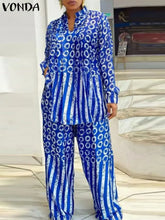 Plus Size 5XL VONDA Women Matching Sets 2024 Fashion Long Sleeve Suits Polka Dot Striped Shirts And Elastic Waist Pant Sets