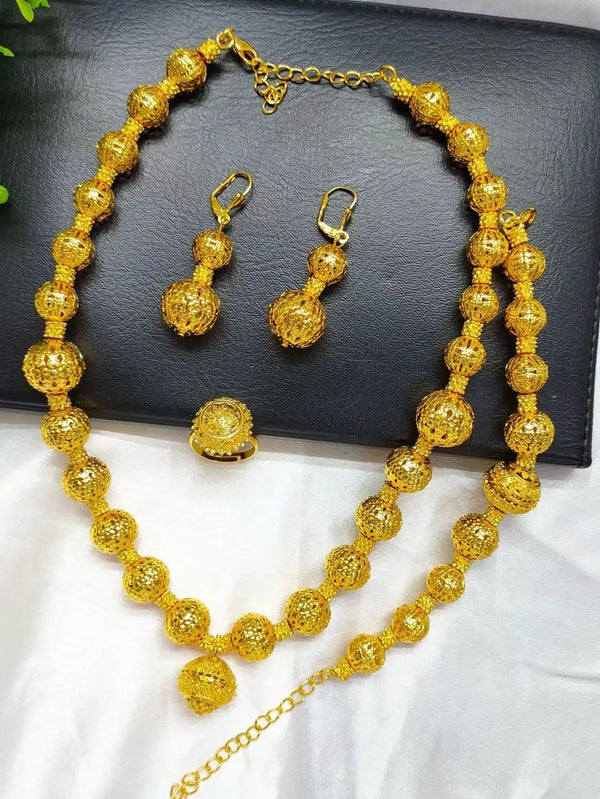 New Dubai African Bead Jewelry Set for Women Party Gifts Wedding Accessories 24K Gold Color Necklace Ring Bangle Earrings Sets