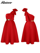 Mlaiscsr Woman One Shoulder Bow High Waisted Birthday Party Wedding Elegant A Line Pleated White Mid Dresses with Belt Outfits