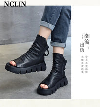 2024 New Summer Women Sandals Round Toe Chunky Heel Platform Shoes Genunine Leather Cover Heel GLADIATOR Sandals Women Handmade