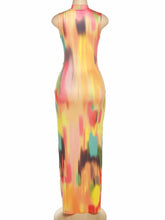 BWQ Colorful Tie-dye O-neck Maxi Dress Women Hipster Topstitch Patchwork Sleeveless Slim Robe Female Streetwear Vestido