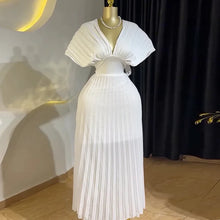 CM.YAYA Women Short Sleeve V-neck Elegant Long Pleated Dress 2025 Sweet Holiday Beach Evening Sexy Girl Party Dresses Vestidos