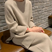 Women Elegant O Neck Loose Sweater and Wide Leg Knitting Trousers Suits Autumn Winter Two Piece Set Vintage Solid Jumper Outfits